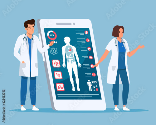 Male and female doctors making presentation near phone. Healthcare needs of all age groups. Digital prescriptions and teletherapy. Online medical advice, consultation service. Flat vector illustration