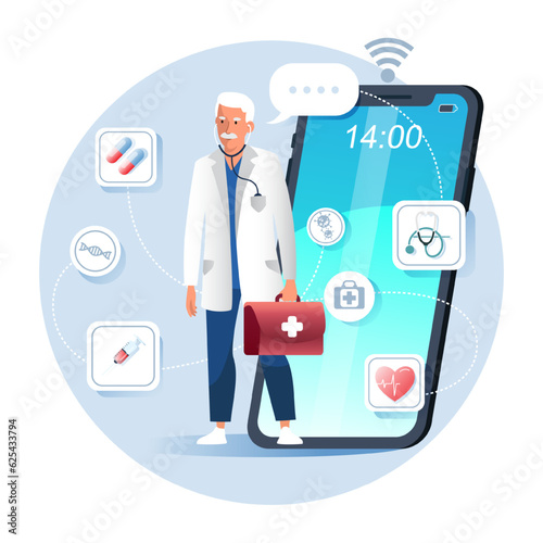 Doctor ready to medical support for patients. Online medical advice, consultation service and telemedicine. Quick and easy way to receive medical advice. Flat vector illustration in cartoon style
