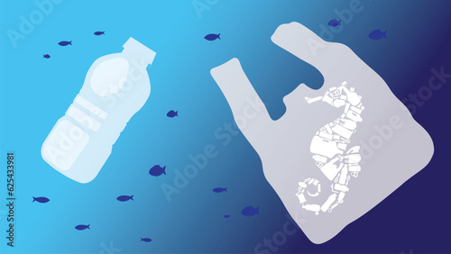 Ocean plastic pollution and world ocean day with sea animal page template icon vector illustration