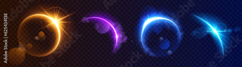 Moon eclipse light flare horizon space background. Abstract sunrise ring sparkle on earth planet design set. Gold, blue and purple crescent orbit edge glow with magic realistic cloud smoke shine.