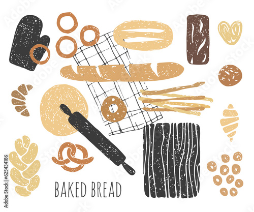 Bread Collection. Hand drawing of bread, baguette, flatbread, bagels, bun.