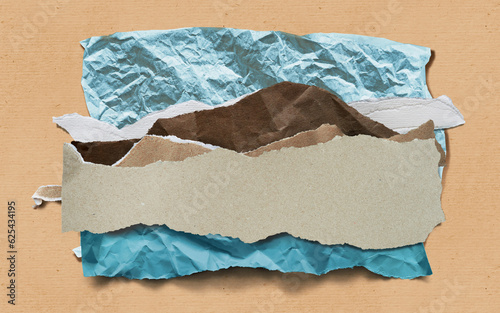 Abstract collage illusration made from torn crumpled colorful paper in frame border composition with craft paper copyspace. Blue sea, rock mountains and desert wasteland for printed production.