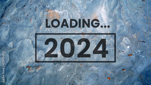 2024 New Year Loading. Loading bar with wooden blocks 2024 on blue background. Start the new year 2024 with a goal plan, goal concept, action plan, strategy, and new year business vision.