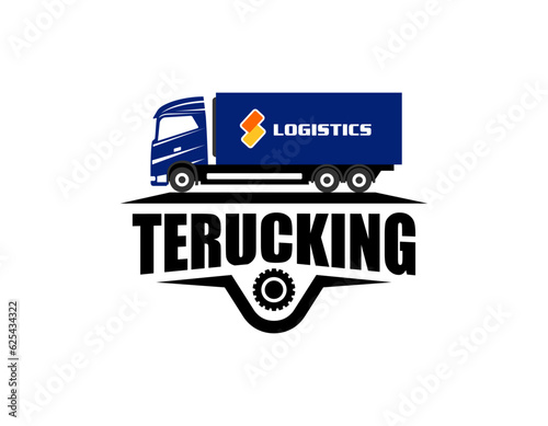 Trucking company emblem logo ready made logo template. Semi truck 18 wheeler freight badge logo vector isolated. Perfect logo for trucking and freight industry