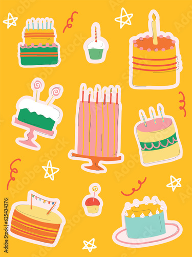 Multicolored bithday cakes on a yellow background