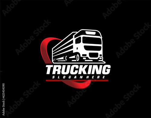 Trucking company emblem logo ready made logo template. Semi truck 18 wheeler freight badge logo vector isolated. Perfect logo for trucking and freight industry