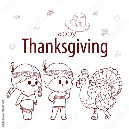 Thanksgiving hand drawn doodle with American Indian children, Turkey, Pilgrim Hat, Autumn leafs cartoon character vector