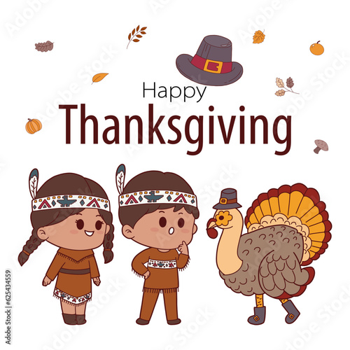 Thanksgiving hand drawn with American Indian children, Turkey, Pilgrim Hat, Autumn leafs cartoon character vector
