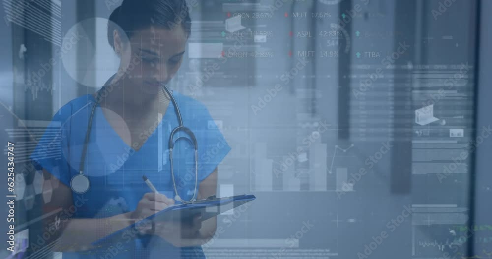 Animation of financial data processing over biracial female doctor