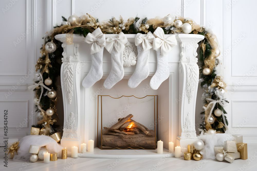A white fireplace with stockings and a wreath. Christmas holidays celebration. Happy new year A white fireplace with stockings and a wreath. Christmas holidays celebration. Happy new year
