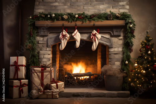 A fireplace with stockings and a wreath. Christmas holidays celebration. Happy new year