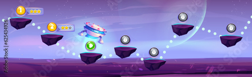 Arcade game progress map on space background. Vector cartoon illustration of alien aircraft traveling between floating islands to collect bonus points, golden stars and lock icons on stone platforms