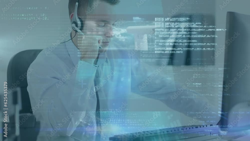 Animation of financial data processing over caucasian businessman using headset and computer Animation of financial data processing over caucasian businessman using headset and computer