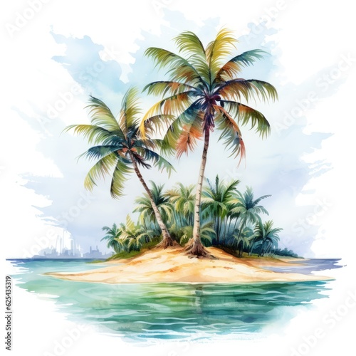 Watercolor painting of palm trees, palm tree on the beach with sea. Generative AI