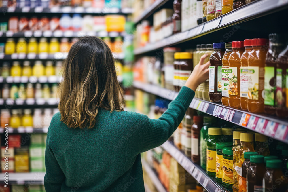 A person reading food labels and choosing products with healthier ingredients. 