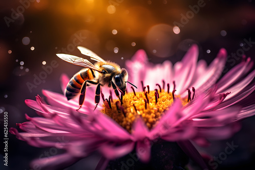 a bee collects pollen from flowers in the garden
