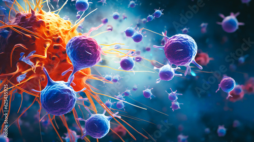 a magnified view of T cells with vibrant colors representing their function in identifying type 1 diabetes risk, highlighting cellular interactions and biological processes