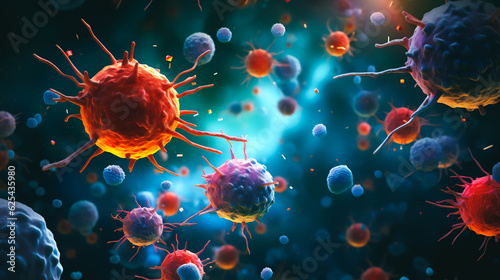 a magnified view of T cells with vibrant colors representing their function in identifying type 1 diabetes risk, highlighting cellular interactions and biological processes photo