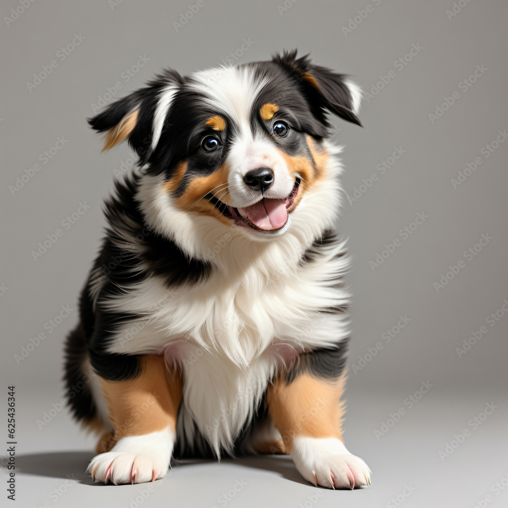 Australian Shepherd Dod Black Brown White Color Sitting Smiling. Happy Twin Dogs Playing