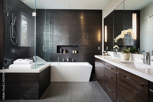 A contemporary bathroom design in a lavish house features sleek dark wooden cabinets  a pristine white bathtub  and a stylish glass door shower.