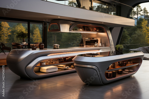 Futuristic kitchen with a modern design aesthetic infused with innovative technology Generative AI photo