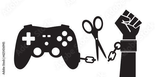 Large scissors cut chain. Freedom from gambling addiction. Silhouette of joystick, hand and shackles with chain. Problems of gaming dependence. Cyber sport, video games.