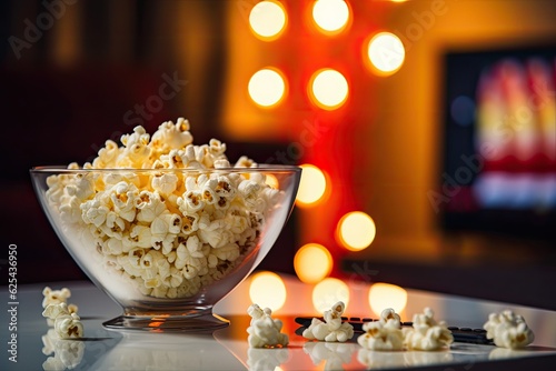 In the background of the TV, there is a glass bowl filled with popcorn and a remote control. It sets a cozy atmosphere for an evening spent at home, enjoying a movie or TV series.