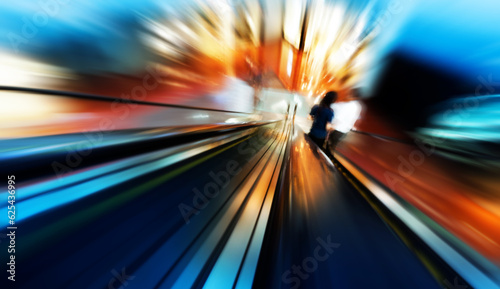 Blurred motion of two people in two ways escalator