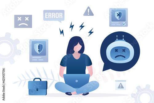 Sad woman user communicates with voice assistant or chat bot. Artificial intelligence doing mistakes, error in bot answers, program failure, hacker attack on servers