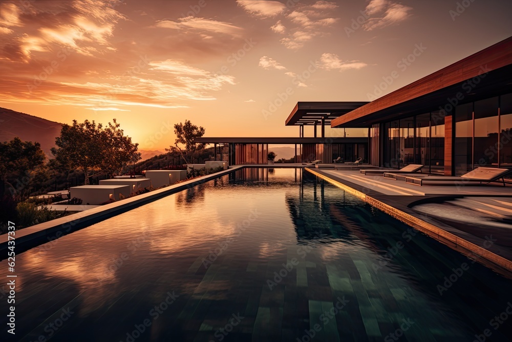 a high end swimming pool during the time when the sun is setting a high end swimming pool during the time when the sun is setting