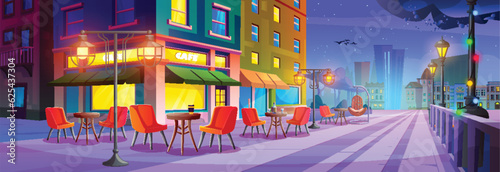City street with cafe or restaurant with tables outdoor. Summer town with buildings exterior, coffee shop with tables and chairs on terrace and lanterns at night, vector cartoon illustration