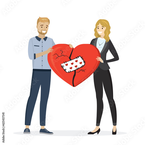 Family holds repaired red heart with sew patch. Restoring relationships, overcoming conflicts and disagreements. Love couple reconciled after quarrel. Problems in partnerships.