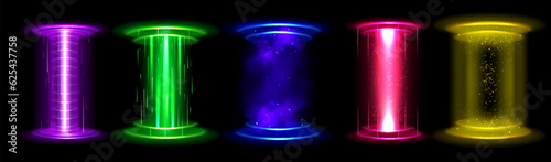 Circle light effect magic game hologram portal. Neon energy orb beam podium for teleport with stardust. 3d futuristic technology screen platform with glitter and shine for fantasy time travel