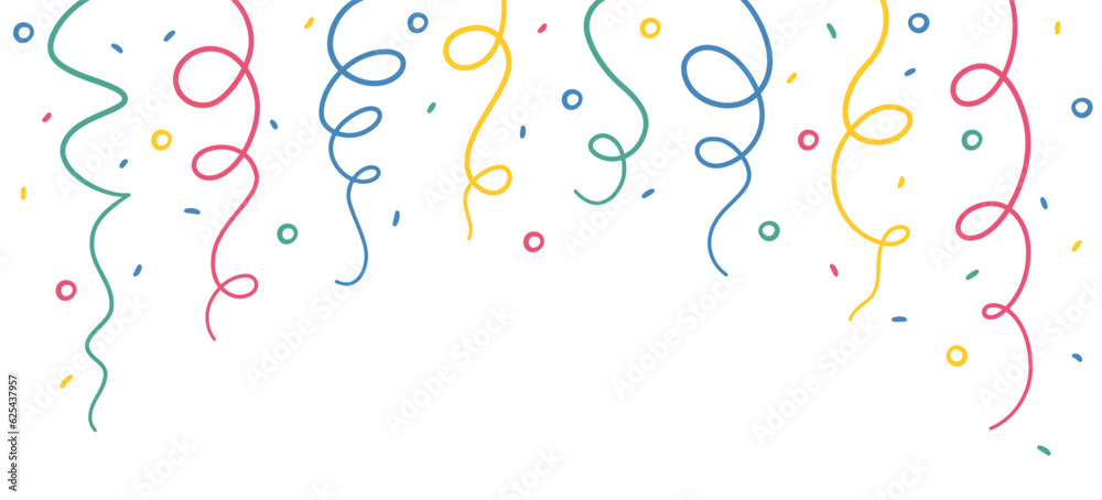 Doodle hanging confetti and streamers banner. Hand drawn celebration banner with falling confetti. Doodle party firecracker border texture. Vector illustration on white background in childish style.