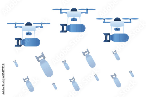Radio-controlled quadrocopters delivery and bombardment of enemy positions. New technology on war. Drones with bombs or weapons. Air transport with remote control.