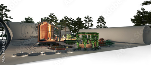 Entwurf eines energieeffizienten Einfamilienhauses in moderner Scheunenarchitektur mit Garten und Terrasse bei Nachtbeleuchtug (isoliert) - 3D Visualisierung