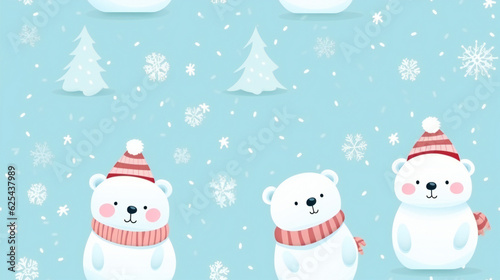 seamless pattern icebear and christmas tree with snowflakes