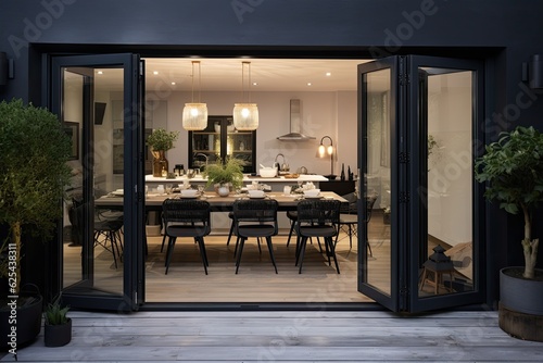 The chic, modern bifold doors elegantly showcase the interior of a fashionable and inviting kitchen diner, carefully curated with a designer aesthetic. photo