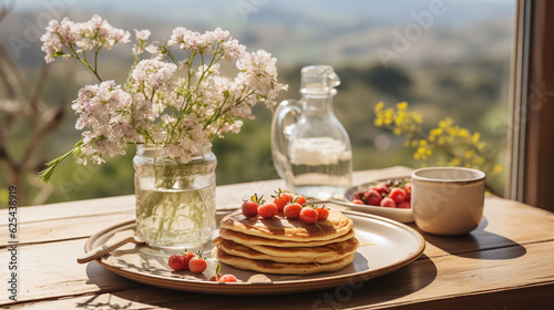 A stack of delectable pancakes topped with fresh berries and a dollop of whipped cream. Food Wallpaper. Generative Ai.