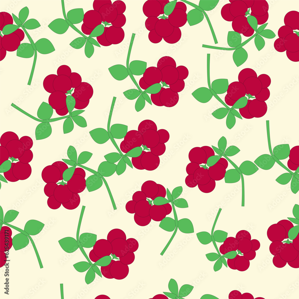 Vector seamless pattern of cranberry branch. Bunch of red cranberry berries. Cranberry branch with green leaves. Vector illustration. Autumn background Vector seamless pattern of cranberry branch. Bunch of red cranberry berries. Cranberry branch with green leaves. Vector illustration. Autumn background