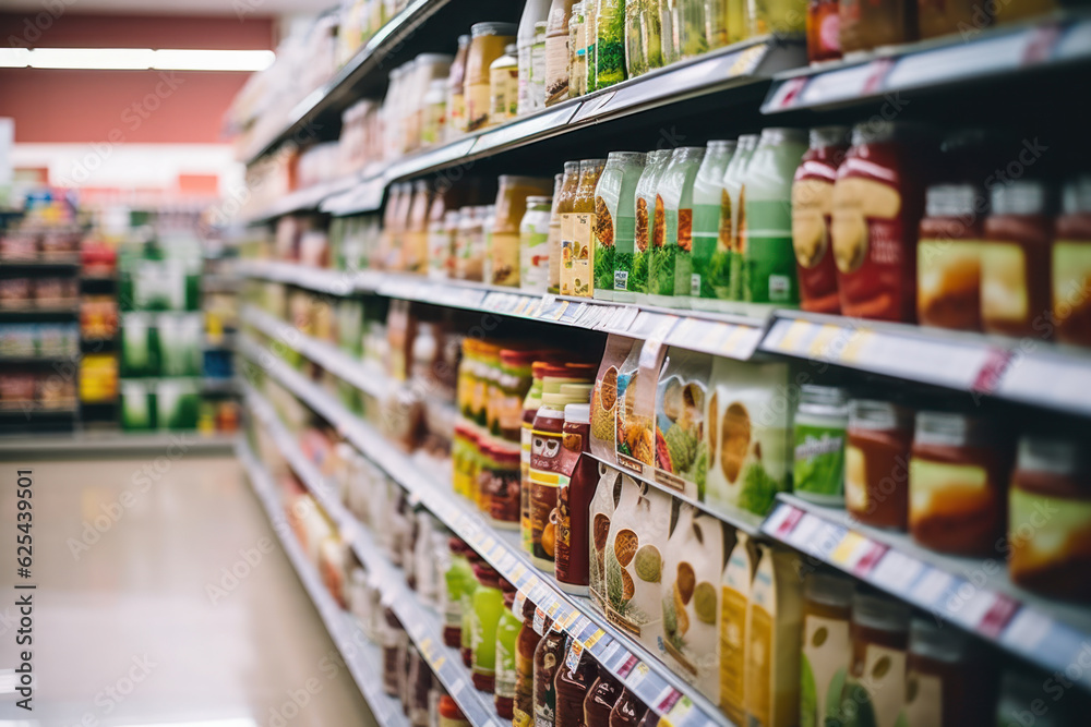 A grocery store aisle with labels indicating healthy alternatives. 