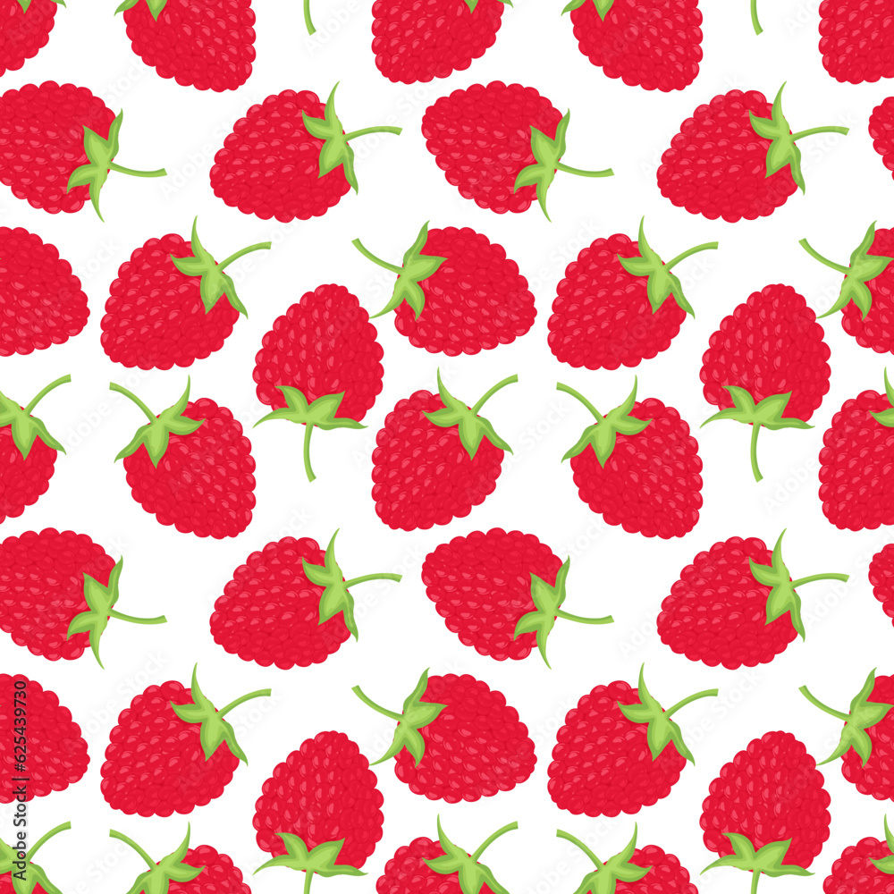 Raspberry seamless pattern. Fresh and sweet raspberries with leaves in cartoon style on white background. Healthy and organic food endless background for textiles. Flat vector illustration Raspberry seamless pattern. Fresh and sweet raspberries with leaves in cartoon style on white background. Healthy and organic food endless background for textiles. Flat vector illustration
