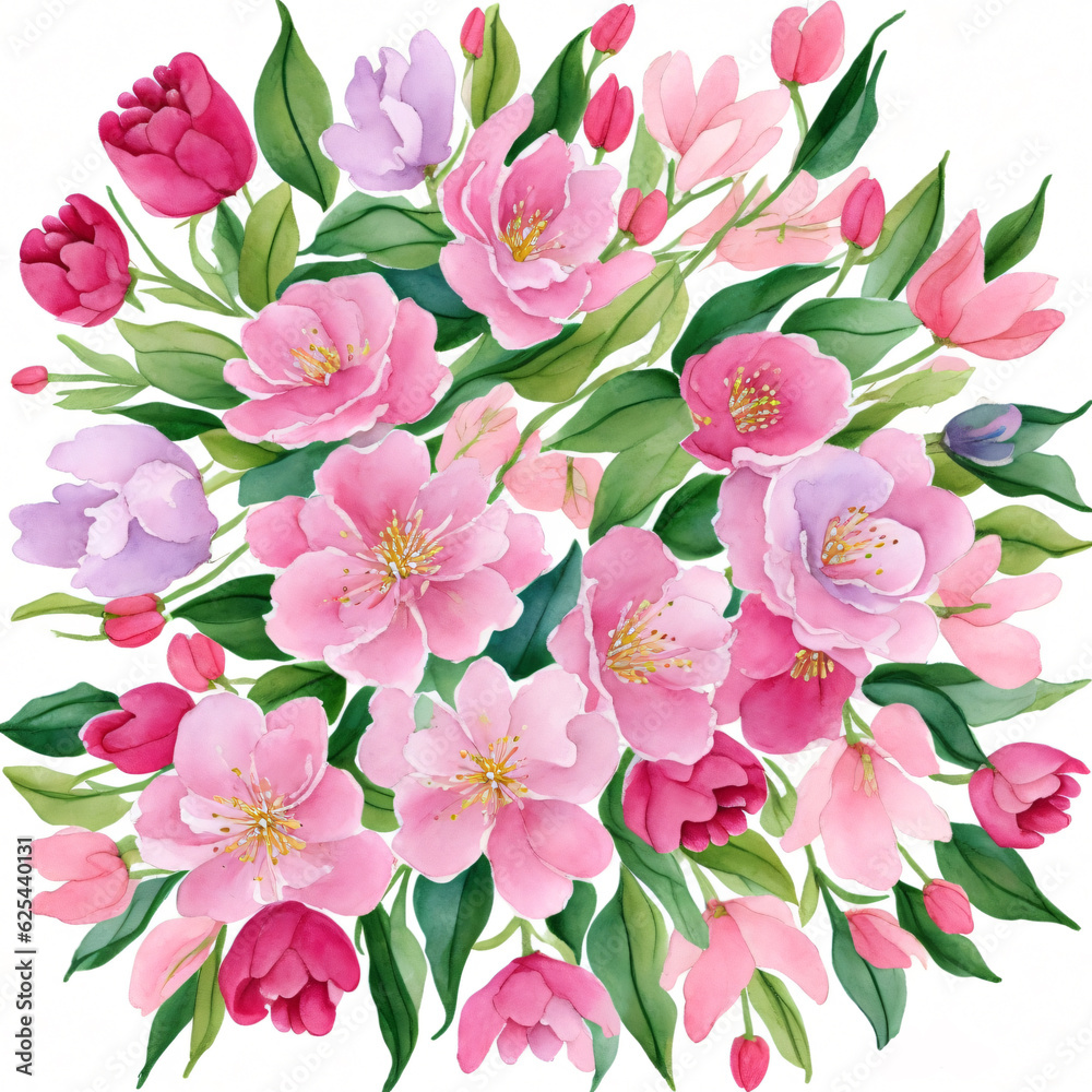Cherry Blossom Flowers Watercolor Style Clipart on a White Background. Pink Blooming Flowers Bouquet.
