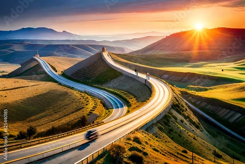 highway at sunset, mountains, top view of road, greenery on the mountain 