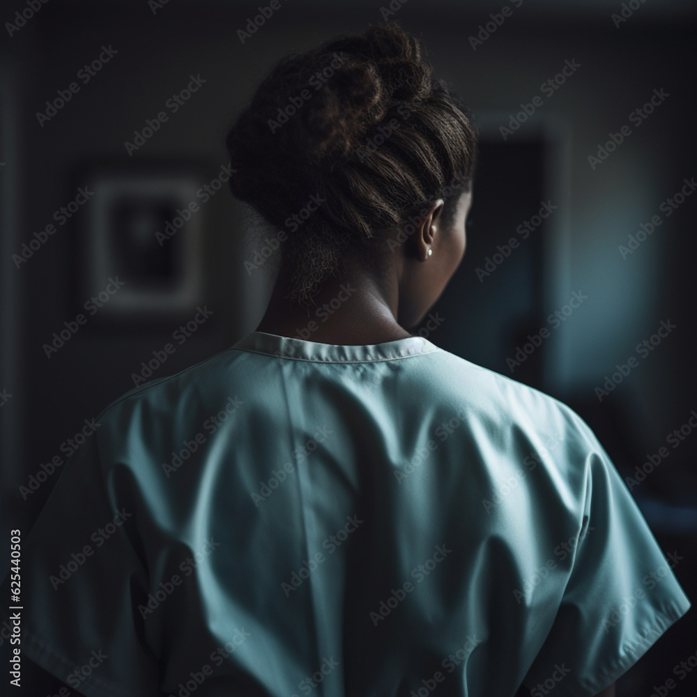An African American female nurse in green scrubs from behind An African American female nurse in green scrubs from behind