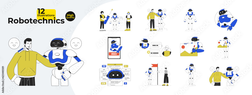 Fototapeta premium Robotechnics flat line concept vector spot illustrations bundle. Robot human interaction. Modern technologies 2D cartoon characters on white for web UI design. Editable hero image collection
