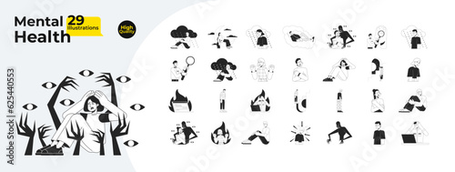 Mental health and psychology bw concept vector spot illustrations bundle. People with mental illness 2D cartoon flat line monochromatic characters for web UI design. Editable hero image collection