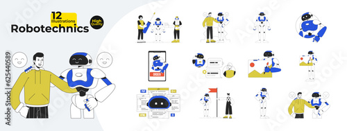 Robotechnics flat line concept vector spot illustrations bundle. Robot human interaction. Modern technologies 2D cartoon characters on white for web UI design. Editable hero image collection
