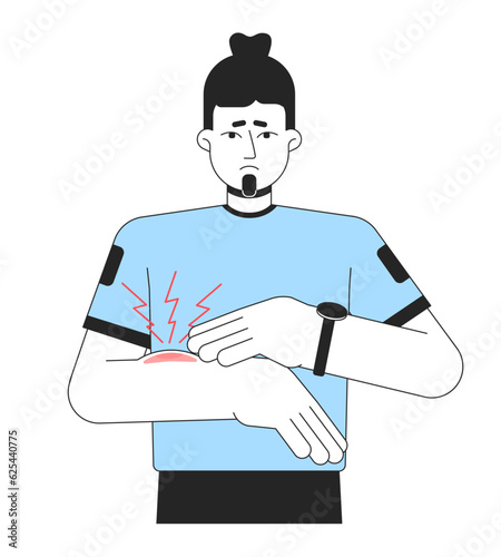 Unhappy asian man has bruise flat line color vector character. Editable outline half body man with injured hand that hurts on white. Simple cartoon spot illustration for web graphic design