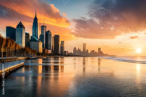 city skyline sunset over the sea ,sunrise over the river, enthusiastic view of sunset across river with clouds and buildings © MISHAL